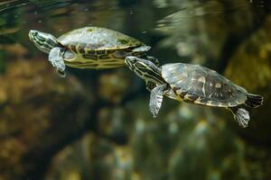 pair of rescued turtles swimming gracefully in large tank their movements serene and synchronized photo
