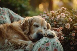 therapy dog resting calmly beside an elderly resident in serene garden providing comfort through gentle presence photo