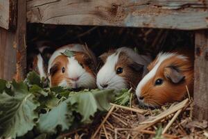 group of rescued guinepigs nibbling on fresh vegetables in quiet corner of their enclosure their  chirps creating peaceful atmosphere photo