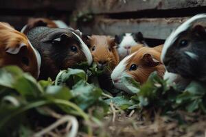 group of rescued guinepigs nibbling on fresh vegetables in quiet corner of their enclosure their  chirps creating peaceful atmosphere photo