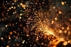 Dynamic Nature of sparks and flames erupting from metalworking forge capturing the intense heat and energy photo