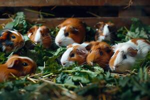 group of rescued guinepigs nibbling on fresh vegetables in quiet corner of their enclosure their  chirps creating peaceful atmosphere photo