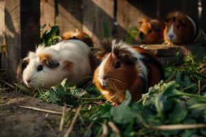 group of rescued guinepigs nibbling on fresh vegetables in quiet corner of their enclosure their  chirps creating peaceful atmosphere photo