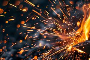Dynamic Nature of sparks and flames erupting from metalworking forge capturing the intense heat and energy photo