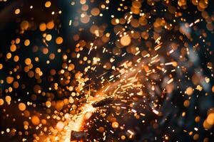 Dynamic nature of sparks and flames erupting from metalworking forge capturing the intense heat and energy photo
