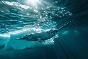 Intriguing Narwhal swimming gracefully beneath translucent iceberg with sun ray background Arctic waters serene underwater environment photo