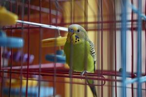 parakeet watching intently as its owner cleans and replenishes its cage with fresh perches and toys creating colorful and engaging background photo