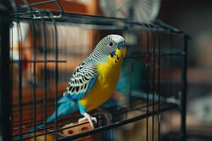 parakeet watching intently as its owner cleans and replenishes its cage with fresh perches and toys creating colorful and engaging background photo