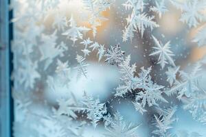 Dynamic nature of intricate frost patterns on windowpane during snowstorm creating dynamic background photo