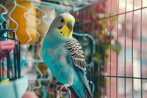 parakeet watching intently as its owner cleans and replenishes its cage with fresh perches and toys creating colorful and engaging background photo