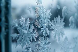 Dynamic nature of intricate frost patterns on windowpane during snowstorm creating dynamic background photo