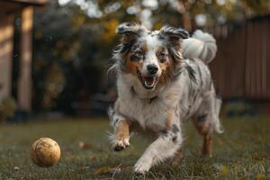 An Australian Shepherd herding balls in spacious backyard displaying keen  and agility against vibrant play background photo