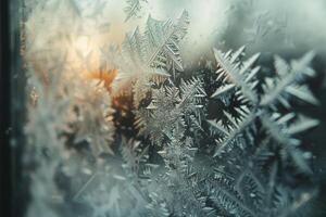 Dynamic nature of intricate frost patterns on windowpane during snowstorm creating unique and intricate background photo