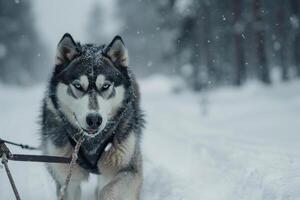 An Alaskan Malamute pulling sled through snowy nature background its keen eyes ed on the trail ahead with rugged snowy background photo