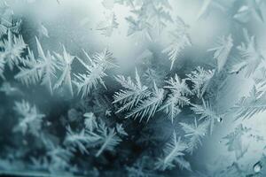 Dynamic nature of intricate frost patterns on windowpane during snowstorm creating unique and intricate background photo
