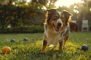 An Australian Shepherd herding balls in spacious backyard displaying keen  and agility against vibrant play background photo