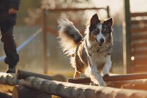 An Australian Shepherd navigating an agility course with precision and enthusiasm owner cheering from the sidelines set against an engaging agility background photo