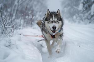 An Alaskan Malamute pulling sled through snowy nature background its keen eyes ed on the trail ahead with rugged snowy background photo