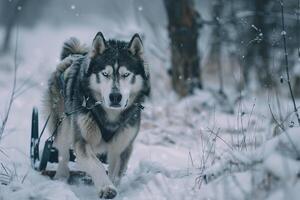 An Alaskan Malamute pulling sled through snowy nature background its keen eyes ed on the trail ahead with rugged snowy background photo
