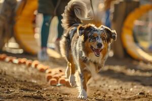 An Australian Shepherd navigating an agility course with precision and enthusiasm owner cheering from the sidelines set against an engaging agility background photo