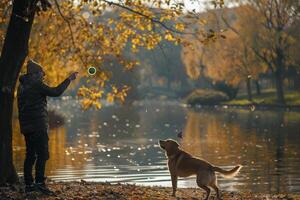 Conceptual Background Dog Play Bonding with Labrador Retriever in Serene Lakeside Park photo