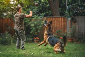 Conceptual Background Dog Play Bonding with German Shepherd in Spacious Backyard photo