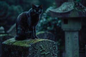 Conceptual Background Pet  of Black Cat Perched on Moss Covered Gravestone photo