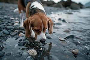 Conceptual Background Dog Play Curious Beagle Exploring Rocky Beach photo