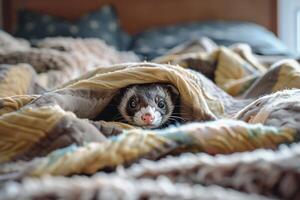 Conceptual Pet Whimsical Ferret Peeking Out from Under Pile of Blankets on Bed Background photo