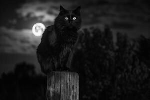 Conceptual Pet Black Cat on Weathered Fence Post Under Full Moon Background photo