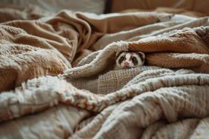 Conceptual Pet Whimsical Ferret Peeking Out from Under Pile of Blankets on Bed Background photo