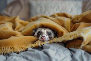 Conceptual Pet Whimsical Ferret Peeking Out from Under Pile of Blankets on Bed Background photo