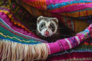 Conceptual Pet Whimsical Ferret Peeking Out from Colorful Blanket Fort in Living Room Background photo