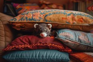 Conceptual Pet Whimsical Ferret Peeking Out from Stack of Colorful Pillows in Living Room Background photo