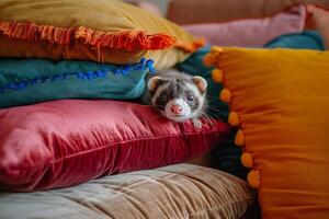 Conceptual Pet Whimsical Ferret Peeking Out from Stack of Colorful Pillows in Living Room Background photo