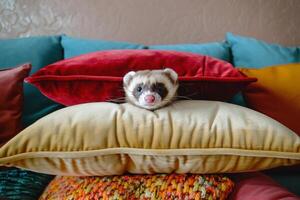 Conceptual Pet Whimsical Ferret Peeking Out from Stack of Colorful Pillows in Living Room Background photo