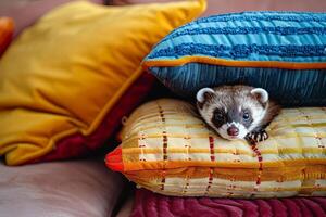 Conceptual Pet Whimsical Ferret Peeking Out from Stack of Colorful Pillows in Living Room Background photo