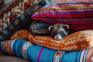 Conceptual Pet Whimsical Ferret Peeking Out from Stack of Colorful Pillows in Living Room Background photo