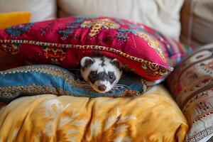 Conceptual Pet Whimsical Ferret Peeking Out from Stack of Colorful Pillows in Living Room Background photo