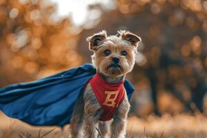 Creative Pet Costume Amused Small Dog Dressed in Superhero Costume Proudly Standing with Cape Fluttering in the Wind Background photo