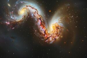 Cosmic Deep Space Antennae Galaxies in Collision Showing Distorted Shapes and Starburst Regions Background photo
