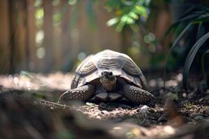rescued tortoise exploring an outdoor enclosure shell gleaming under the gentle afternoon sun enjoying newfound freedom photo