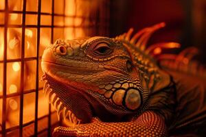 rescued iguanbasking under heat lamp in shelter scales shimmering with warmth and contentment Background photo