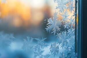 Frost patterns on window pane intricate ice crystals forming delicate designs against red background photo