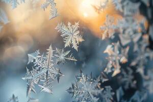 Frost patterns on window pane intricate ice crystals forming delicate designs against red background photo