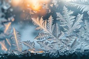 Nature of frost patterns on window pane with delicate ice crystals forming intricate designs against red background photo