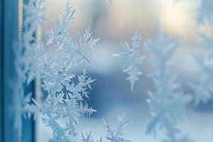 Nature of frost patterns on window pane intricate ice crystals forming delicate designs against red background photo