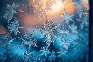 Nature of frost patterns on window pane intricate ice crystals forming delicate designs against red background photo