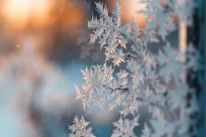 Nature of frost patterns on window pane intricate ice crystals forming delicate designs against red background photo