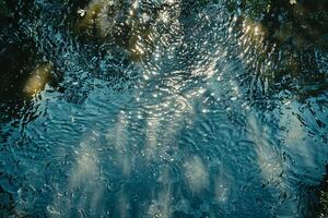 Sunlight casting intricate patterns on the surface of calm reflective pond nature background photo